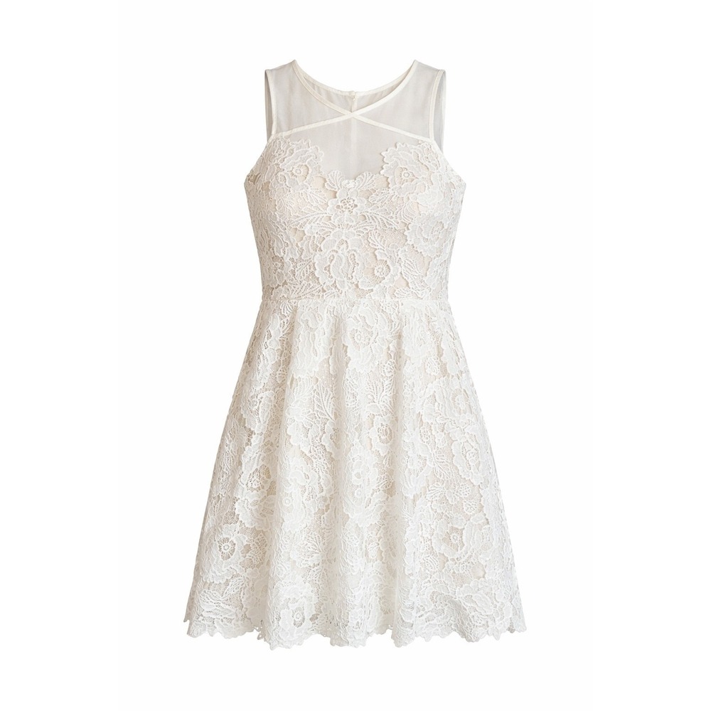 Francesca's White Floral Lace Fit Flare Dress Nude Lining Sleeveless L Sorority